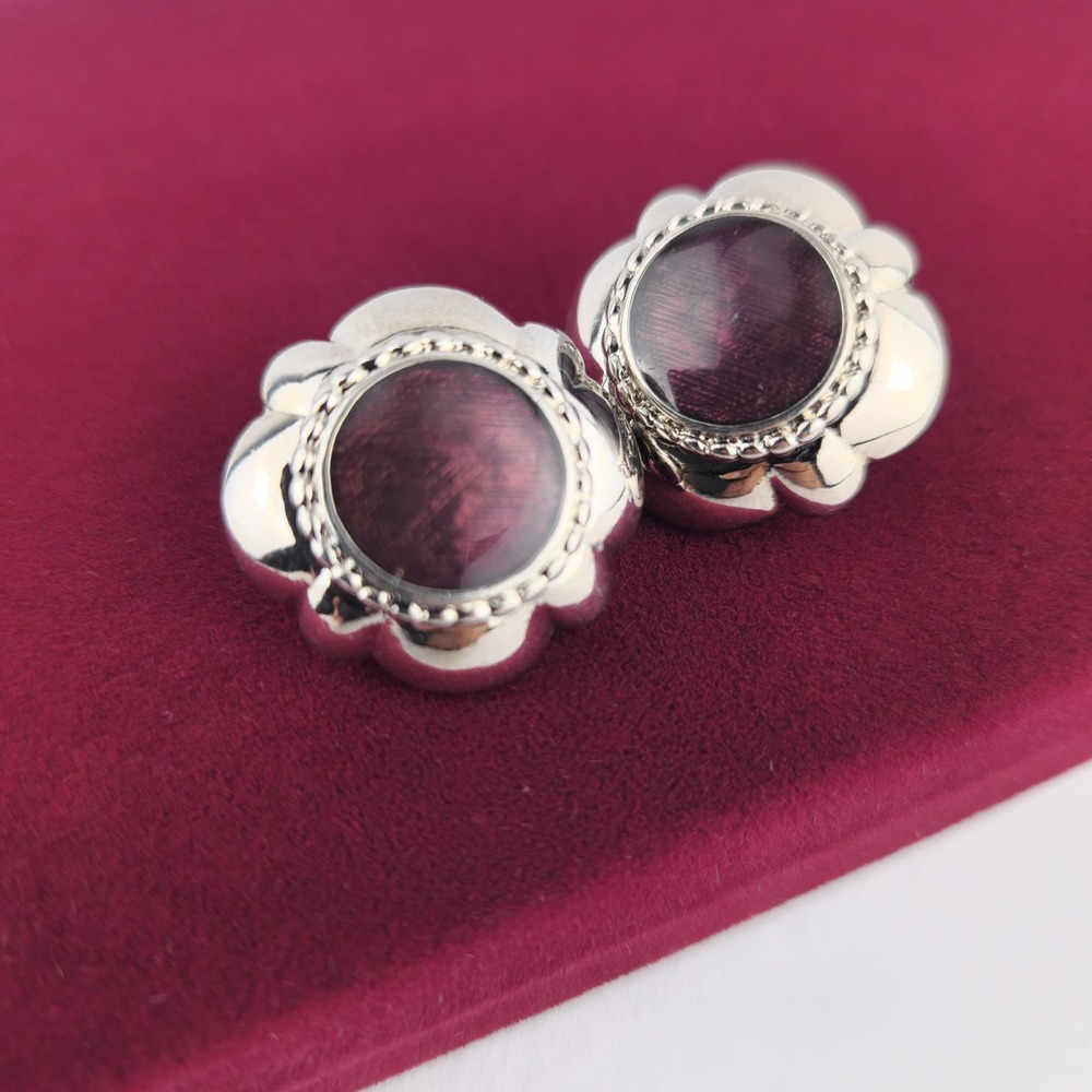 Vintage Trifari Burgundy Cabochon Flower Clip Earrings Silver Tone Signed